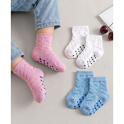 Cute Walk by Babyhug Non Terry Knit Ankle Length Anti Bacterial Anti Skid Socks With Design Pack Of 3 - Pink White & Blue