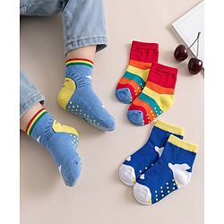 Cute Walk by Babyhug Non Terry Knit Ankle Length Anti Bacterial Anti Skid Socks With Cloud Print Pack Of 3 - Blue Red & Light Blue