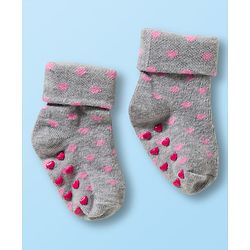 Cute Walk by Babyhug Non Terry Knit Ankle Length Anti Bacterial Anti Skid Socks With Heart Design Pack Of 3 - White & Grey