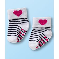 Cute Walk by Babyhug Non Terry Knit Ankle Length Anti Bacterial Anti Skid Socks With Heart Design Pack Of 3 - White & Grey