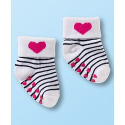 Cute Walk by Babyhug Non Terry Knit Ankle Length Anti Bacterial Anti Skid Socks With Heart Design Pack Of 3 - White & Grey