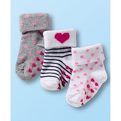 Cute Walk by Babyhug Non Terry Knit Ankle Length Anti Bacterial Anti Skid Socks With Heart Design Pack Of 3 - White & Grey