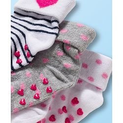 Cute Walk by Babyhug Non Terry Knit Ankle Length Anti Bacterial Anti Skid Socks With Heart Design Pack Of 3 - White & Grey