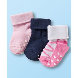 Cute Walk by Babyhug Non Terry Knit Ankle Length Anti Bacterial Anti Skid Socks With  Design Pack Of 3 - Pink Black & Dark Pink