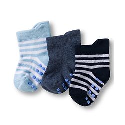 Cute Walk by Babyhug Non Terry Knit Ankle Length Anti Bacterial Anti Skid Socks With Stripes Pack Of 3 - Navy Blue Light Blue & Black