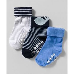 Cute Walk by Babyhug Non Terry Knit Ankle Length Anti Bacterial Anti Skid Socks With Stripes Pack Of 3 - Blue Grey & Black