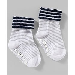 Cute Walk by Babyhug Non Terry Knit Ankle Length Anti Bacterial Anti Skid Socks With Stripes Pack Of 3 - Blue Grey & Black