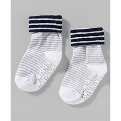 Cute Walk by Babyhug Non Terry Knit Ankle Length Anti Bacterial Anti Skid Socks With Stripes Pack Of 3 - Blue Grey & Black