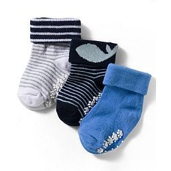 Cute Walk by Babyhug Non Terry Knit Ankle Length Anti Bacterial Anti Skid Socks With Stripes Pack Of 3 - Blue Grey & Black