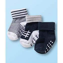 Cute Walk by Babyhug Non Terry Knit Ankle Length Anti Bacterial Anti Skid Socks With Stripes Pack Of 3 - Black White & Grey