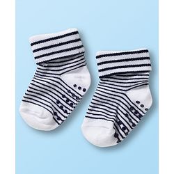 Cute Walk by Babyhug Non Terry Knit Ankle Length Anti Bacterial Anti Skid Socks With Stripes Pack Of 3 - Black White & Grey