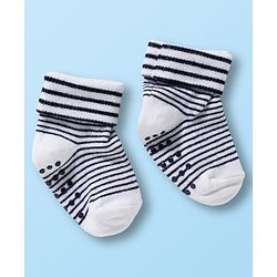 Cute Walk by Babyhug Non Terry Knit Ankle Length Anti Bacterial Anti Skid Socks With Stripes Pack Of 3 - Black White & Grey