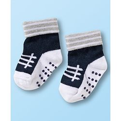 Cute Walk by Babyhug Non Terry Knit Ankle Length Anti Bacterial Anti Skid Socks With Stripes Pack Of 3 - Black White & Grey