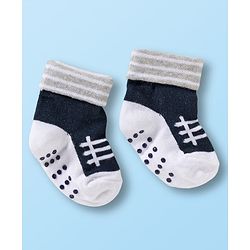 Cute Walk by Babyhug Non Terry Knit Ankle Length Anti Bacterial Anti Skid Socks With Stripes Pack Of 3 - Black White & Grey