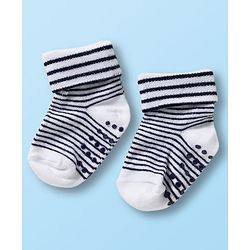 Cute Walk by Babyhug Non Terry Knit Ankle Length Anti Bacterial Anti Skid Socks With Stripes Pack Of 3 - Black White & Grey