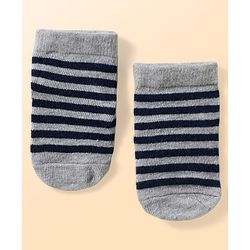 Cute Walk by Babyhug Non Terry Knit Ankle Length Anti Bacterial Anti Skid Socks With Stripes Pack Of 3 - Light Blue Black & Grey