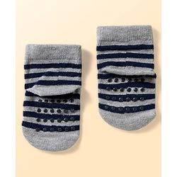 Cute Walk by Babyhug Non Terry Knit Ankle Length Anti Bacterial Anti Skid Socks With Stripes Pack Of 3 - Light Blue Black & Grey