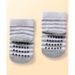 Cute Walk by Babyhug Non Terry Knit Ankle Length Anti Bacterial Anti Skid Socks With Stripes Pack Of 3 - Light Blue Black & Grey