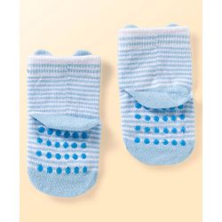 Cute Walk by Babyhug Non Terry Knit Ankle Length Anti Bacterial Anti Skid Socks With Stripes Pack Of 3 - Light Blue Black & Grey