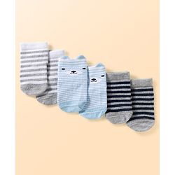 Cute Walk by Babyhug Non Terry Knit Ankle Length Anti Bacterial Anti Skid Socks With Stripes Pack Of 3 - Light Blue Black & Grey