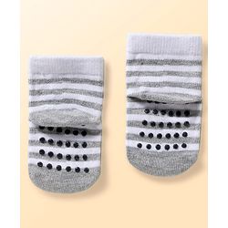 Cute Walk by Babyhug Non Terry Knit Ankle Length Anti Bacterial Anti Skid Socks With Stripes Pack Of 3 - Light Blue Black & Grey