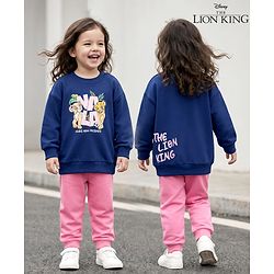 Babyhug Disney Terry Knit Full Sleeves T-Shirt & Track Pant Set with Lion King Front & Back Graphic with Badge Detailing - Navy Blue & Pink