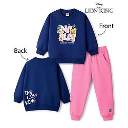 Babyhug Disney Terry Knit Full Sleeves T-Shirt & Track Pant Set with Lion King Front & Back Graphic with Badge Detailing - Navy Blue & Pink
