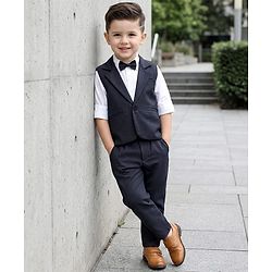 Babyhug Woven Full Sleeves Solid Colour 3 Piece Party Suit With Waistcoat & Bow - Navy Blue & White