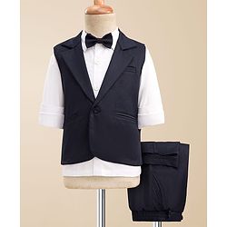 Babyhug Woven Full Sleeves Solid Colour 3 Piece Party Suit With Waistcoat & Bow - Navy Blue & White