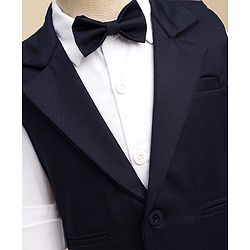 Babyhug Woven Full Sleeves Solid Colour 3 Piece Party Suit With Waistcoat & Bow - Navy Blue & White