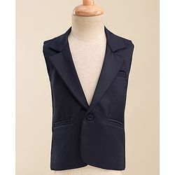 Babyhug Woven Full Sleeves Solid Colour 3 Piece Party Suit With Waistcoat & Bow - Navy Blue & White