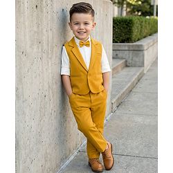 Babyhug Knit Full Sleeves Solid 3 Piece Party Suit With Bow - Mustard