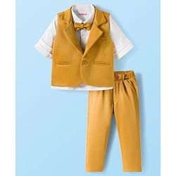Babyhug Knit Full Sleeves Solid Color 3 Piece Party Suit with Bow - Yellow