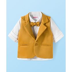 Babyhug Knit Full Sleeves Solid Color 3 Piece Party Suit with Bow - Yellow