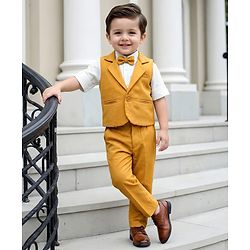 Babyhug Knit Full Sleeves Solid Color 3 Piece Party Suit with Bow - Yellow
