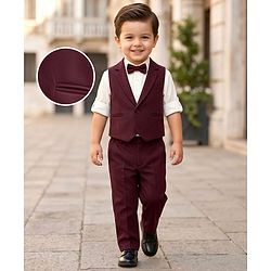 Babyhug Knit Full Sleeves Solid 3 Piece Party Suit With Bow - Wine