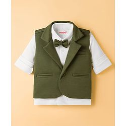 Babyhug Knit Full Sleeves Solid Color 3 Piece Party Suit with Bow - Olive Green & White