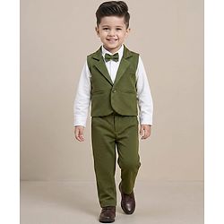 Babyhug Knit Full Sleeves Solid Color 3 Piece Party Suit with Bow - Olive Green & White