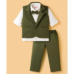 Babyhug Knit Full Sleeves Solid Color 3 Piece Party Suit with Bow - Olive Green & White