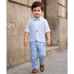 Babyhug Knit Full Sleeves Solid & Striped 3 Piece Party Suit with Bow - Light Blue