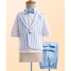 Babyhug Knit Full Sleeves Solid & Striped 3 Piece Party Suit with Bow - Light Blue