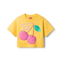 Babyhug Cotton Knit Drop Shoulder Half Sleeves Oversized T-Shirt With Cherry Print - Yellow
