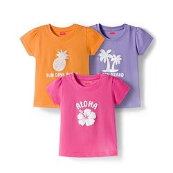 Babyhug Cotton Knit Half Sleeves T-Shirts with Tropical Theme Print Pack of 3 - Pink Orange & Lavender
