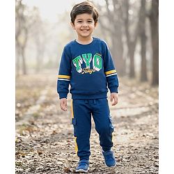 Babyhug Terry Knit Full Sleeves T-Shirt & Trouser Set With Tokyo Print - Blue