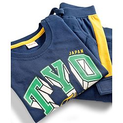 Babyhug Terry Knit Full Sleeves T-Shirt & Trouser Set With Tokyo Print - Blue
