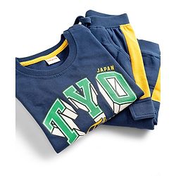 Babyhug Terry Knit Full Sleeves T-Shirt & Trouser Set With Tokyo Print - Blue