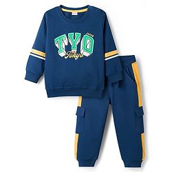 Babyhug Terry Knit Full Sleeves T-Shirt & Trouser Set With Tokyo Print - Blue