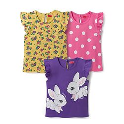 Babyhug Cotton Knit Frill Sleeves T-Shirt With Polka Dot & Floral Print Pack Of 3 - Pink Purple & Yellow