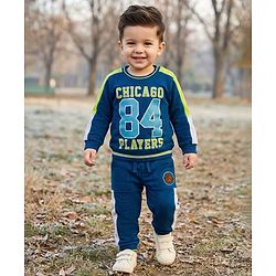 Babyhug Terry Knit Full Sleeves T-Shirt & Lounge Pant Set With Chicago Players Print - Blue