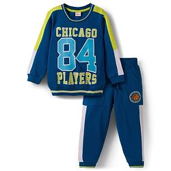 Babyhug Terry Knit Full Sleeves T-Shirt & Lounge Pant Set With Chicago Players Print - Blue